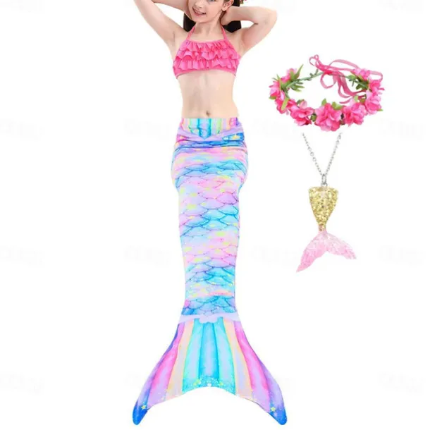 Kids Girls' Five Piece Mermaid Swimwear Swimwear Bikini Beach Swimming Rainbow Tie Dye Cute Bathing Suits 3-10 Years Summer Light Blue Colorful