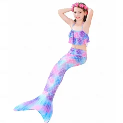 Kids Girls' Five Piece Mermaid Swimwear Swimwear Bikini Beach Swimming Rainbow Tie Dye Cute Bathing Suits 3-10 Years Summer Light Blue Colorful