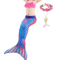 Kids Girls' Five Piece Mermaid Swimwear Swimwear Bikini Beach Swimming Rainbow Tie Dye Cute Bathing Suits 3-10 Years Summer Light Blue Colorful