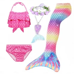 Kids Girls' Five Piece Mermaid Swimwear Swimwear Bikini Beach Swimming Rainbow Tie Dye Cute Bathing Suits 3-10 Years Summer Light Blue Colorful