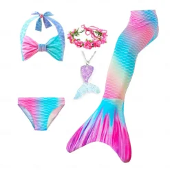 Kids Girls' Five Piece Mermaid Swimwear Swimwear Bikini Beach Swimming Rainbow Tie Dye Cute Bathing Suits 3-10 Years Summer Light Blue Colorful