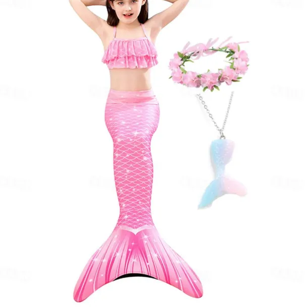 Kids Girls' Five Piece Mermaid Swimwear Swimwear Bikini Beach Swimming Rainbow Tie Dye Cute Bathing Suits 3-10 Years Summer Light Blue Colorful