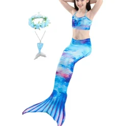 Kids Girls' Five Piece Mermaid Swimwear Swimwear Bikini Beach Swimming Rainbow Tie Dye Cute Bathing Suits 3-10 Years Summer Light Blue Colorful
