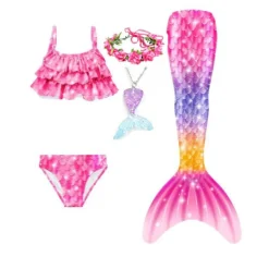 Kids Girls' Five Piece Mermaid Swimwear Swimwear Bikini Swimming Rainbow Cute Sexy Print Bathing Suits 3-10 Years Summer Light Blue Rose Gold