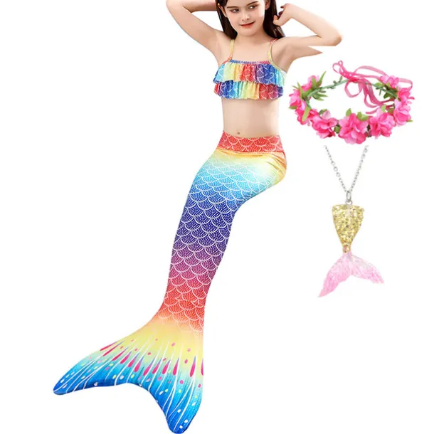 Kids Girls' Five Piece Mermaid Swimwear Swimwear Bikini Swimming Rainbow Cute Sexy Print Bathing Suits 3-10 Years Summer Light Blue Rose Gold