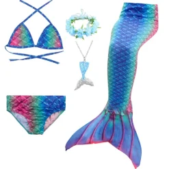 Kids Girls' Five Piece Mermaid Swimwear Swimwear Bikini Swimming Rainbow Cute Sexy Print Bathing Suits 3-10 Years Summer Light Blue Rose Gold