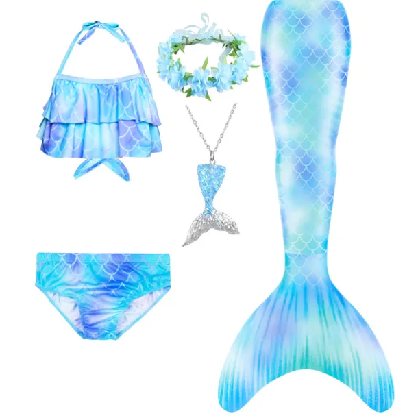 Kids Girls' Five Piece Mermaid Swimwear Swimwear Bikini Swimming Rainbow Cute Sexy Print Bathing Suits 3-10 Years Summer Light Blue Rose Gold