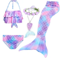 Kids Girls' Five Piece Mermaid Swimwear Swimwear Bikini Swimming Rainbow Cute Sexy Print Bathing Suits 3-10 Years Summer Light Blue Rose Gold
