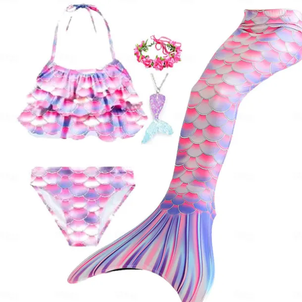 Kids Girls' Five Piece Mermaid Swimwear Swimwear Bikini Swimming Rainbow Cute Sexy Print Bathing Suits 3-10 Years Summer Light Blue Rose Gold