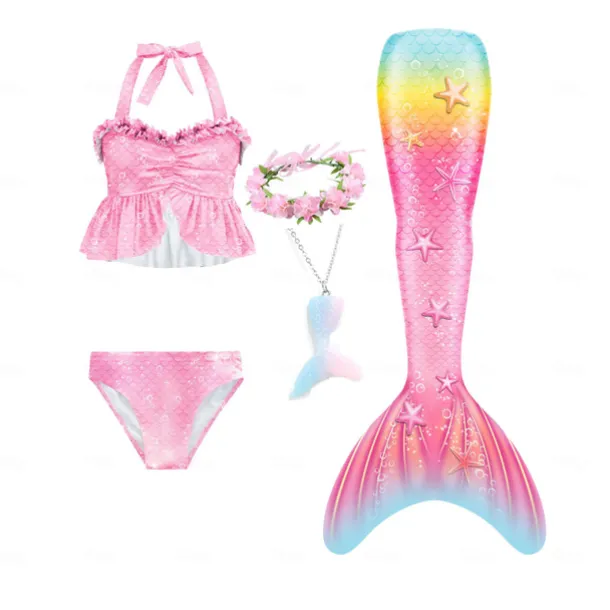 Kids Girls' Five Piece Mermaid Swimwear Swimwear Bikini Swimming Rainbow Cute Sexy Print Bathing Suits 3-10 Years Summer Light Blue Rose Gold