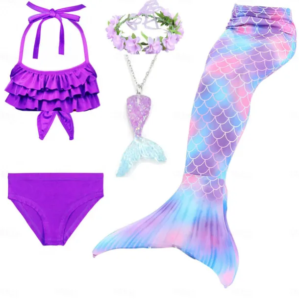 Kids Girls' Five Piece Mermaid Swimwear Swimwear Bikini Swimming Rainbow Cute Sexy Print Bathing Suits 3-10 Years Summer Light Blue Rose Gold