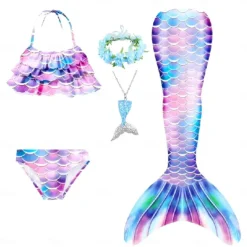 Kids Girls' Five Piece Mermaid Swimwear Swimwear Bikini Swimming Rainbow Cute Sexy Print Bathing Suits 3-10 Years Summer Light Blue Rose Gold