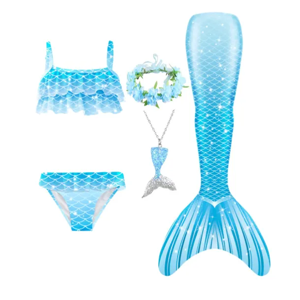 Kids Girls' Five Piece Mermaid Swimwear Swimwear Bikini Swimming Rainbow Cute Sexy Print Bathing Suits 3-10 Years Summer Light Blue Rose Gold