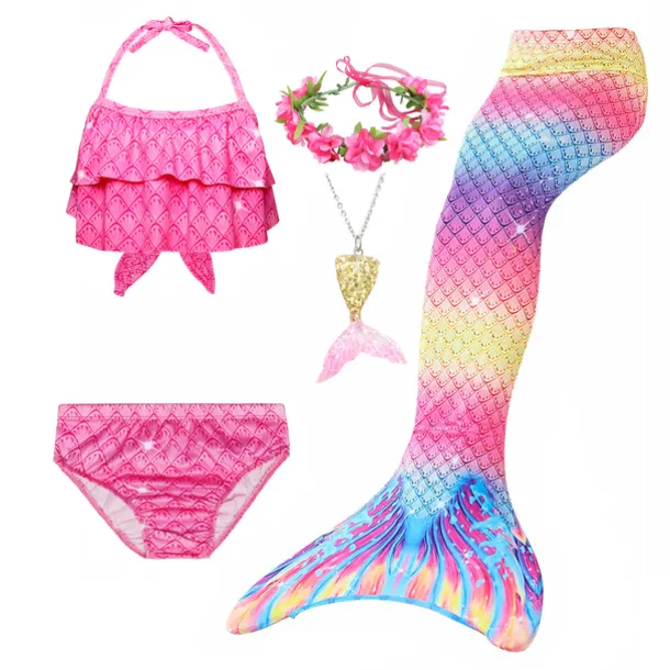 Kids Girls' Five Piece Mermaid Swimwear Swimwear Bikini Swimming Rainbow Cute Sexy Print Bathing Suits 3-10 Years Summer Light Blue Rose Gold