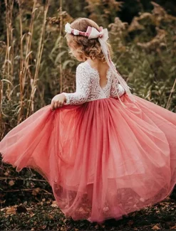 Kids Girls' Flower Dress Beach Wedding Backless Tulle Dress Party Ruched Mesh Lace Green White Blue Maxi Long Sleeve Princess Cute Dresses Party Dress Online Regular Fit 4-13 Years dress