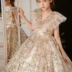 Kids Girls' Flower Girl Dress Party Dress Solid Color 3/4 Length Sleeve Performance Wedding Party Mesh Princess Sweet Mesh Mid-Calf Sheath Dress Tulle Dress Flower Girl's Dress Summer Spring Fall