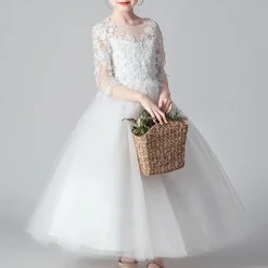 Kids Girls' Flower Girl Dress Dress Party Dress Solid Color 3/4 Length Sleeve Performance Wedding Party Lace Mesh Fashion Adorable Princess Polyester Maxi Lace Dress Party Dress Swing Dress Summer