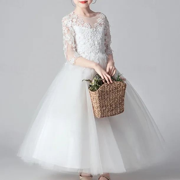 Kids Girls' Flower Girl Dress Dress Party Dress Solid Color 3/4 Length Sleeve Performance Wedding Party Lace Mesh Fashion Adorable Princess Polyester Maxi Lace Dress Party Dress Swing Dress Summer
