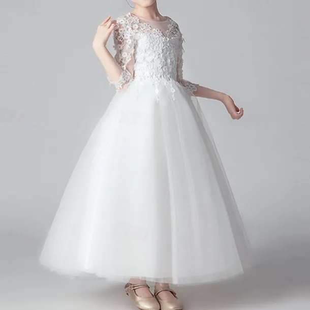 Kids Girls' Flower Girl Dress Dress Party Dress Solid Color 3/4 Length Sleeve Performance Wedding Party Lace Mesh Fashion Adorable Princess Polyester Maxi Lace Dress Party Dress Swing Dress Summer