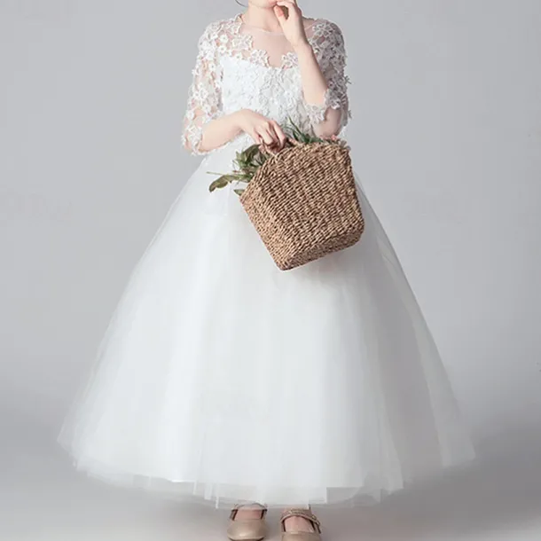 Kids Girls' Flower Girl Dress Dress Party Dress Solid Color 3/4 Length Sleeve Performance Wedding Party Lace Mesh Fashion Adorable Princess Polyester Maxi Lace Dress Party Dress Swing Dress Summer