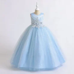 Kids Girls' Flower Girl Dress Dress Party Dress Solid Color Sleeveless Performance Wedding Party Embroidered Princess Sweet Polyester Maxi A Line Dress Summer Spring 3-13 Years Pink Navy Blue