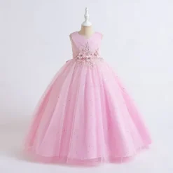 Kids Girls' Flower Girl Dress Dress Party Dress Solid Color Sleeveless Performance Wedding Party Embroidered Princess Sweet Polyester Maxi A Line Dress Summer Spring 3-13 Years Pink Navy Blue