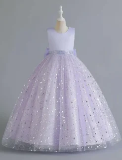 Kids Girls' Flower Girl Dress Dress Sequin Sleeveless Performance Wedding Party Mesh Bow Elegant Princess Polyester Maxi A Line Dress Tulle Dress Summer Spring 4-13 Years Multicolor Pink Wine