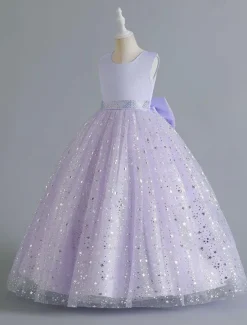 Kids Girls' Flower Girl Dress Dress Sequin Sleeveless Performance Wedding Party Mesh Bow Elegant Princess Polyester Maxi A Line Dress Tulle Dress Summer Spring 4-13 Years Multicolor Pink Wine