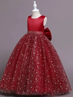 Kids Girls' Flower Girl Dress Dress Sequin Sleeveless Performance Wedding Party Mesh Bow Elegant Princess Polyester Maxi A Line Dress Tulle Dress Summer Spring 4-13 Years Multicolor Pink Wine