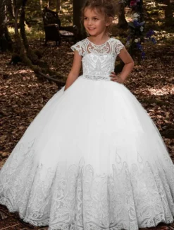 Kids Girls' Flower Girl Dress Dress Floral Solid Colored Short Sleeve Wedding Party Birthday Lace Ruched Mesh Cute Princess Polyester Maxi A Line Dress Tulle Dress Flower Girl's Dress Summer Fall