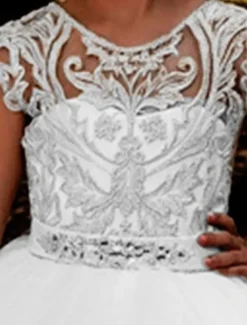 Kids Girls' Flower Girl Dress Dress Floral Solid Colored Short Sleeve Wedding Party Birthday Lace Ruched Mesh Cute Princess Polyester Maxi A Line Dress Tulle Dress Flower Girl's Dress Summer Fall