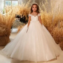 Kids Girls' Flower Girl Dress Party Dress Solid Color Short Sleeve Performance Wedding Party Mesh Princess Sweet Mesh Mid-Calf Sheath Dress Tulle Dress Summer Spring Fall 4-12 Years White