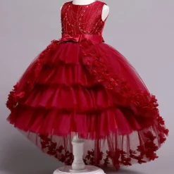 Kids Girls' Flower Girl Dress Dress Solid Colored Sleeveless Performance Wedding Party Mesh Bow Princess Sweet Cotton Tulle Asymmetrical A Line Dress Summer Spring 3-12 Years White Pink Wine