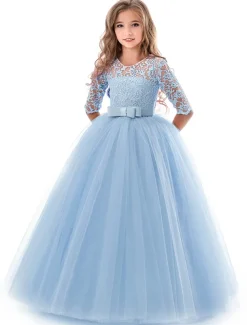 Kids Girls' Flower Girl Dress Dress Half Sleeve Wedding Party Lace up Mesh Elegant Vintage Maxi Swing Dress A Line Dress Spring Fall 3-12 Years White Light Green Pink