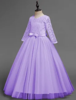 Kids Girls' Flower Girl Dress Dress Half Sleeve Wedding Party Lace up Mesh Elegant Vintage Maxi Swing Dress A Line Dress Spring Fall 3-12 Years White Light Green Pink