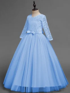 Kids Girls' Flower Girl Dress Dress Half Sleeve Wedding Party Lace up Mesh Elegant Vintage Maxi Swing Dress A Line Dress Spring Fall 3-12 Years White Light Green Pink