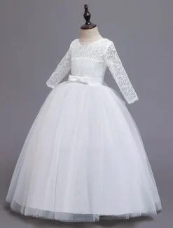 Kids Girls' Flower Girl Dress Dress Half Sleeve Wedding Party Lace up Mesh Elegant Vintage Maxi Swing Dress A Line Dress Spring Fall 3-12 Years White Light Green Pink