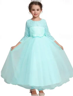Kids Girls' Flower Girl Dress Dress Half Sleeve Wedding Party Lace up Mesh Elegant Vintage Maxi Swing Dress A Line Dress Spring Fall 3-12 Years White Light Green Pink