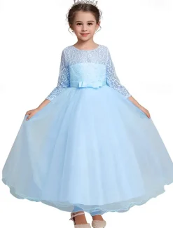 Kids Girls' Flower Girl Dress Dress Half Sleeve Wedding Party Lace up Mesh Elegant Vintage Maxi Swing Dress A Line Dress Spring Fall 3-12 Years White Light Green Pink