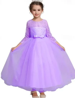 Kids Girls' Flower Girl Dress Dress Half Sleeve Wedding Party Lace up Mesh Elegant Vintage Maxi Swing Dress A Line Dress Spring Fall 3-12 Years White Light Green Pink