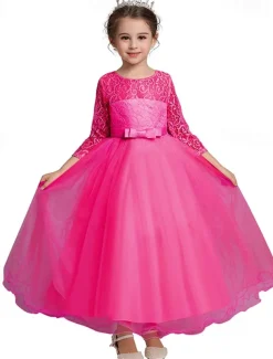 Kids Girls' Flower Girl Dress Dress Half Sleeve Wedding Party Lace up Mesh Elegant Vintage Maxi Swing Dress A Line Dress Spring Fall 3-12 Years White Light Green Pink