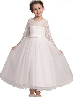 Kids Girls' Flower Girl Dress Dress Half Sleeve Wedding Party Lace up Mesh Elegant Vintage Maxi Swing Dress A Line Dress Spring Fall 3-12 Years White Light Green Pink