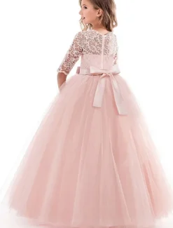 Kids Girls' Flower Girl Dress Dress Half Sleeve Wedding Party Lace up Mesh Elegant Vintage Maxi Swing Dress A Line Dress Spring Fall 3-12 Years White Light Green Pink