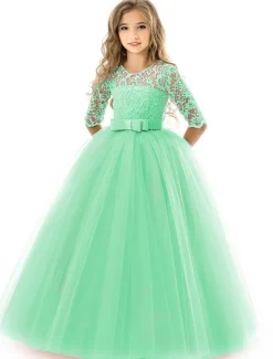 Kids Girls' Flower Girl Dress Dress Half Sleeve Wedding Party Lace up Mesh Elegant Vintage Maxi Swing Dress A Line Dress Spring Fall 3-12 Years White Light Green Pink