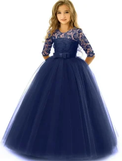 Kids Girls' Flower Girl Dress Dress Half Sleeve Wedding Party Lace up Mesh Elegant Vintage Maxi Swing Dress A Line Dress Spring Fall 3-12 Years White Light Green Pink