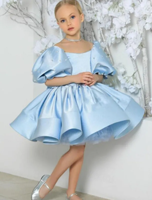 Kids Girls' Flower Girl Dress Dress Solid Color Solid Colored Short Sleeve Formal Wedding Party Ruched Mesh Puff Sleeve Cute Sweet Polyester Above Knee A Line Dress Tulle Dress Flower Girl's Dress