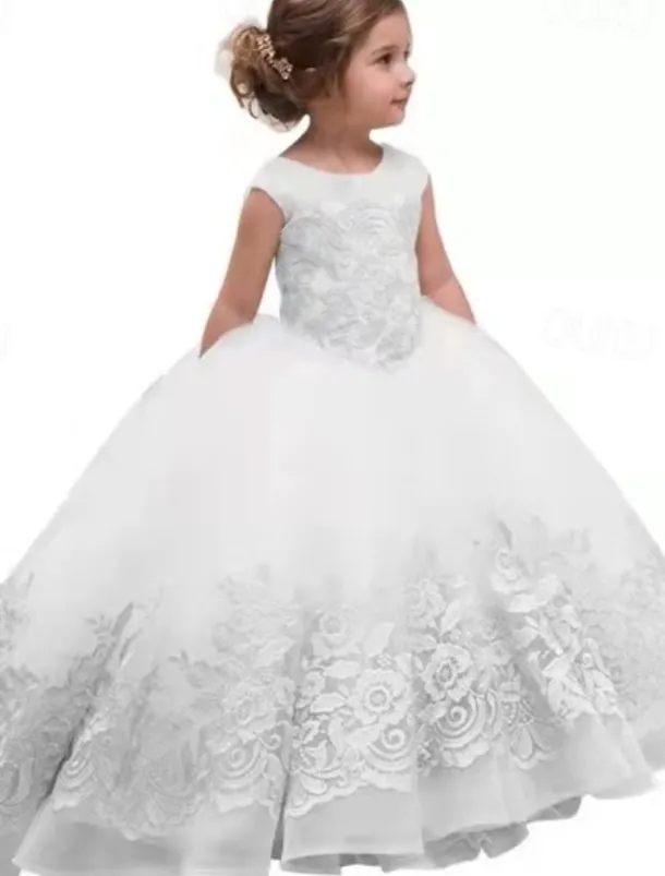 Kids Girls' Flower Girl Dress Dress Floral Solid Colored Sleeveless Wedding Party Birthday Lace Ruched Mesh Cute Princess Polyester Maxi A Line Dress Tulle Dress Summer Fall 3-12 Years White Green