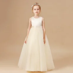 Kids Girls' Flower Girl Dress Party Dress Solid Color Sleeveless Performance Wedding Party Mesh Princess Sweet Mesh Mid-Calf Sheath Dress Tulle Dress Summer Spring Fall 2-12 Years Champagne