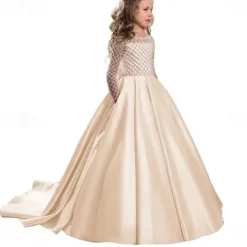 Kids Girls' Flower Girl Dress Party Dress Solid Color Long Sleeve Performance Wedding Party Mesh Princess Sweet Mesh Mid-Calf Sheath Dress Tulle Dress Flower Girl's Dress Summer Spring Fall 2-12 Years