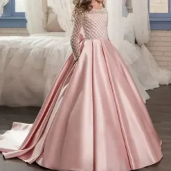 Kids Girls' Flower Girl Dress Party Dress Solid Color Long Sleeve Performance Wedding Party Mesh Princess Sweet Mesh Mid-Calf Sheath Dress Tulle Dress Flower Girl's Dress Summer Spring Fall 2-12 Years